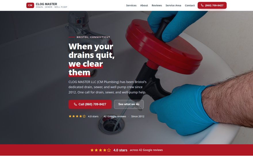 Screenshot of the Clog Master plumbing website homepage
